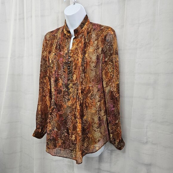 Coldwater Creek Orange Purple Peasant Blouse Boho Pintuck Floral PS - Picture 7 of 13